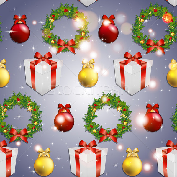 Stock photo: New year pattern with tree toys, gift ribbon and Christmas wreath