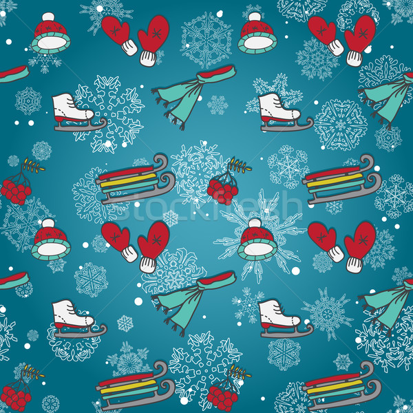 Winter seamless texture with skates sleds mittens winter sports items Stock photo © LittleCuckoo