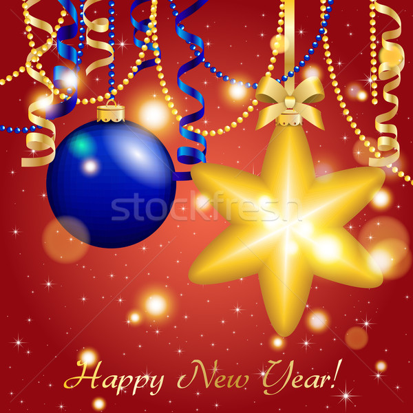 New Year greeting card. Christmas Star Ball with bow and ribbon. Xmas Decorations. Sparkles and boke Stock photo © LittleCuckoo