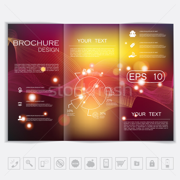 Stock photo: Tri-Fold Brochure mock up vector design. Smooth unfocused bokeh background with waves and shiny elem