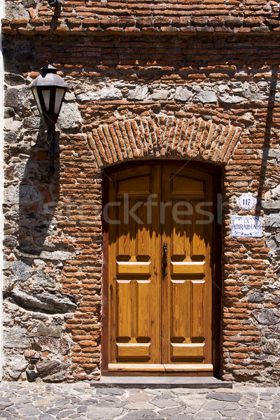 brown wood old door and a street lamp Stock photo © lkpro