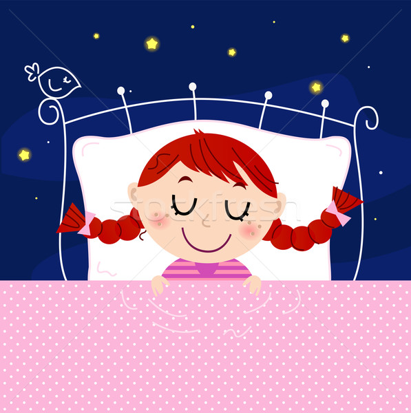 Cute little dreaming girl in bed with sky in the background Stock photo © lordalea