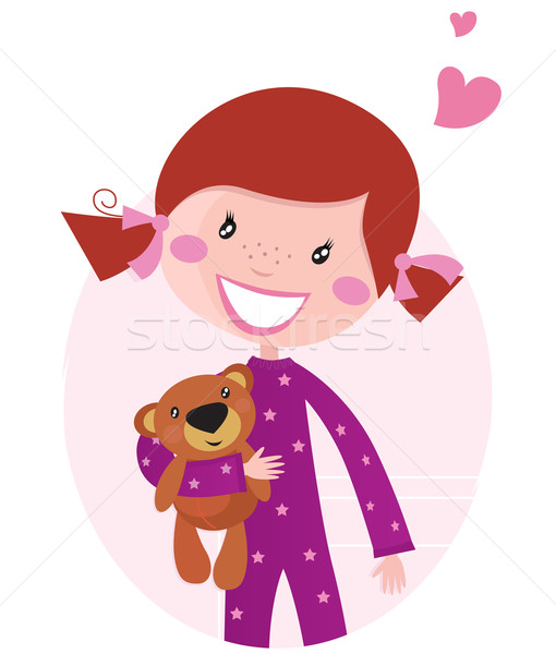 Happy little girl hugging teddy bear isolated on pink background Stock photo © lordalea