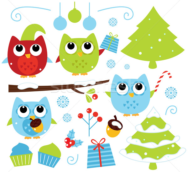 Christmas cartoon owls and decoration set isolated on white Stock photo © lordalea