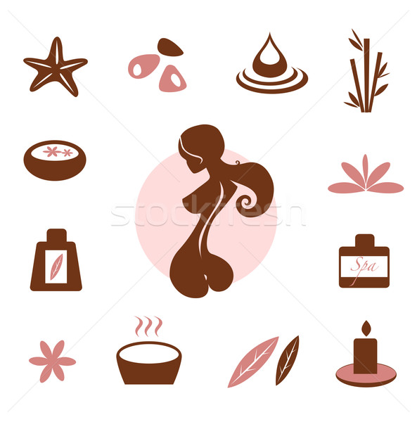 Fürdő wellness ikon gyűjtemény barna ikon gyűjtemény Stock fotó © lordalea