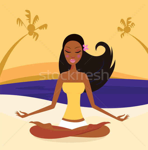 Foto stock: Mujer · yoga · loto · posición · playa · puesta · de · sol