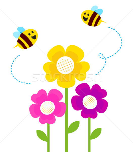 Cute bees flying around spring flowers isolated on white Stock photo © lordalea