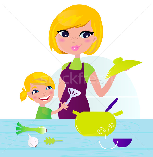 Mamă copil gătit alimente sanatoase bucătărie fiica Imagine de stoc © lordalea