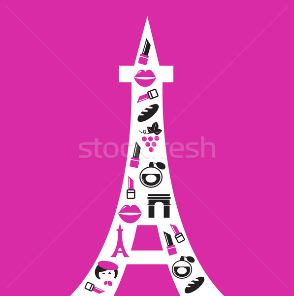 Retro Paris Eiffel Tower silhouette with icons isolated on pink Stock photo © lordalea