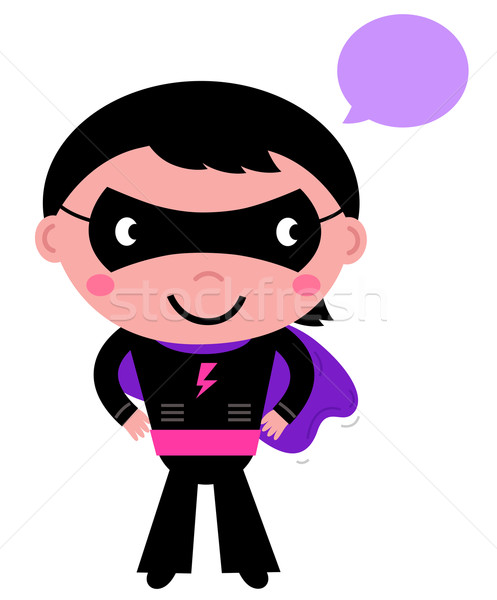 Cute superhero boy with speech bubble isolated on white Stock photo © lordalea