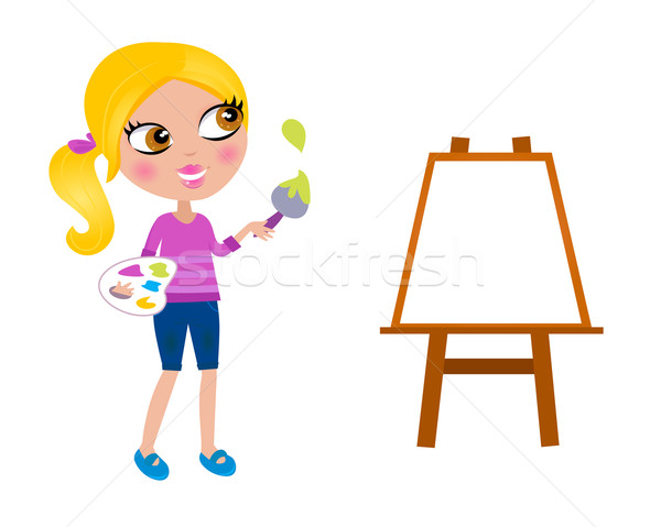 Cartoon happy little Painter girl with paint brush
 Stock photo © lordalea