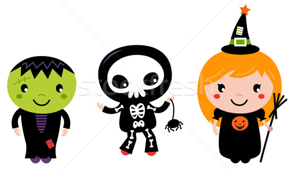 Stock foto: Cute · Halloween · Kinder · Zombie · Skelett · Hexe