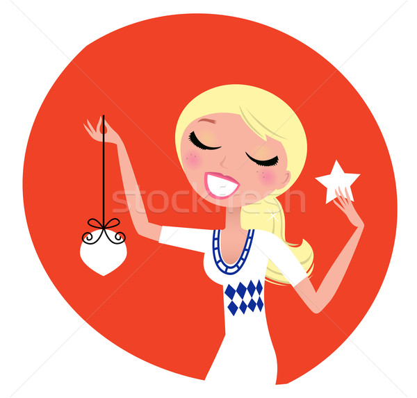 Cute retro Christmas Woman with decoration isolated on red Stock photo © lordalea