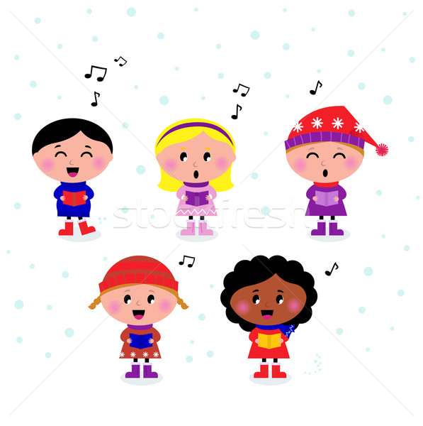Cute multicultural singing & caroling Kids isolated on white Stock photo © lordalea