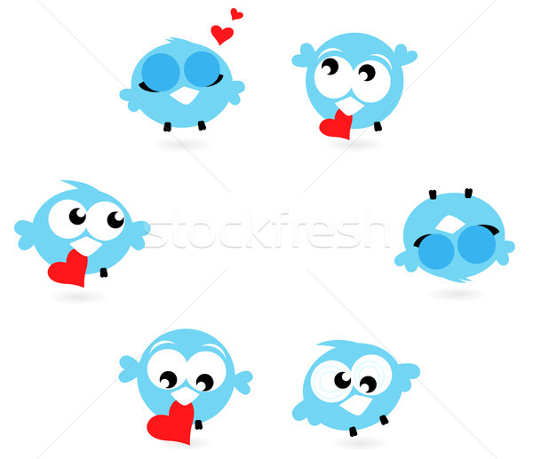 Cute blue twitter birds with red hearts isolated on white Stock photo © lordalea