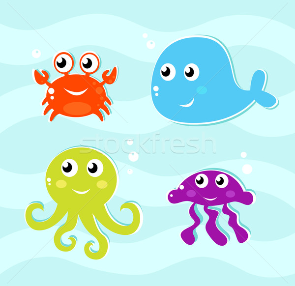 Stock photo: Cute water animals icons collection isolated on water suface