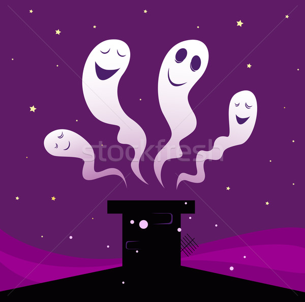 Fericit halloween fantome care zboară in jurul negru Imagine de stoc © lordalea
