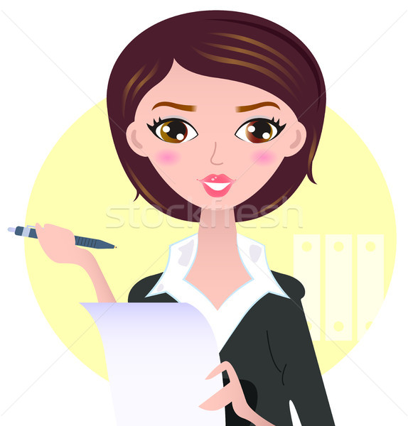 Belle femme d'affaires stylo isolé jaune bureau [[stock_photo]] © lordalea