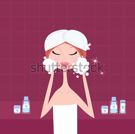 Beauty Treatment: Woman In Bathroom Cleaning Face
 Stock photo © lordalea