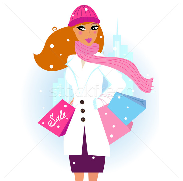 Winter shopping: Beautiful brown hair woman with pink shopping bags in the city
 Stock photo © lordalea