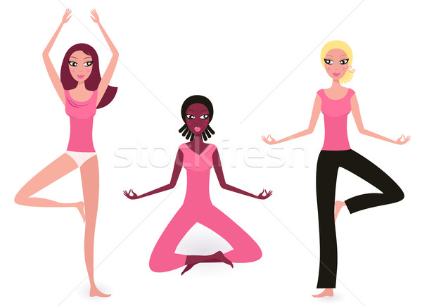 Foto stock: Yoga · multicultural · ninas · colección · blanco · tres
