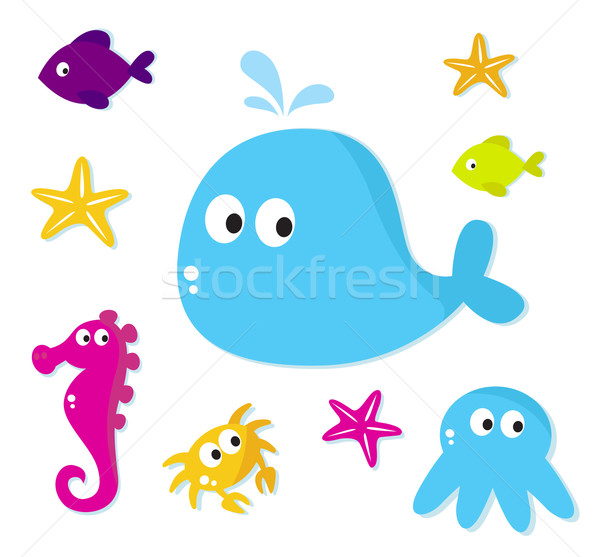 Cartoon Sea fishes and animals icons isolated on white backgroun Stock photo © lordalea