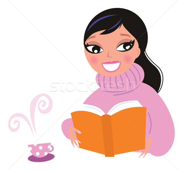 Drăguţ femeie potabilă cafea lectură Imagine de stoc © lordalea