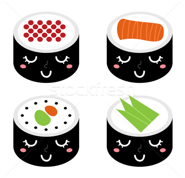 Cute Karikatur Sushi Set isoliert weiß Stock foto © lordalea
