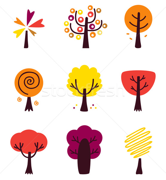 Stok fotoğraf: Renkli · sonbahar · vektör · ağaçlar · ayarlamak · yalıtılmış