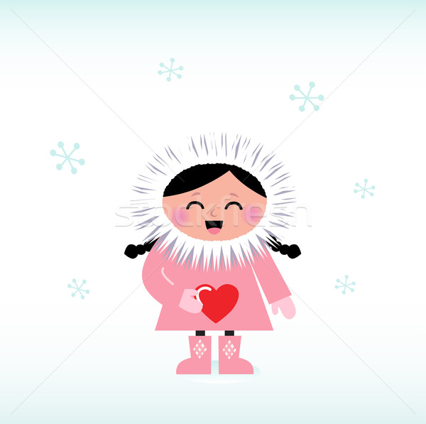 Cute eskimo child holding red heart isolated on white Stock photo © lordalea