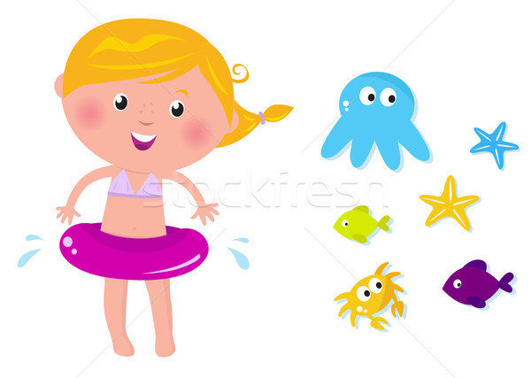 Cute swimmer girl and ocean animals icons Stock photo © lordalea