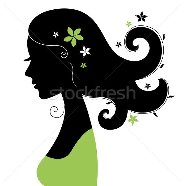 Foto stock: Bela · mulher · silhueta · flores · cabelo · mulher · cabeça