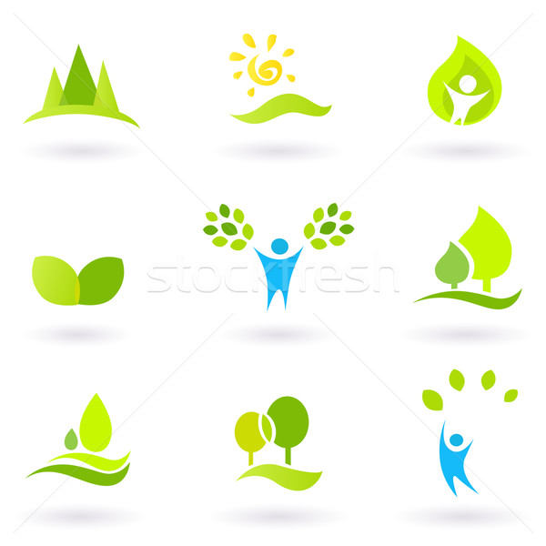 Stock photo: Tree, leaves and ecology vector icon set (blue and green)