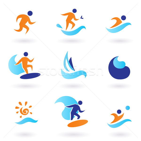 Sommer Schwimmen Surfen Symbole blau orange Stock foto © lordalea