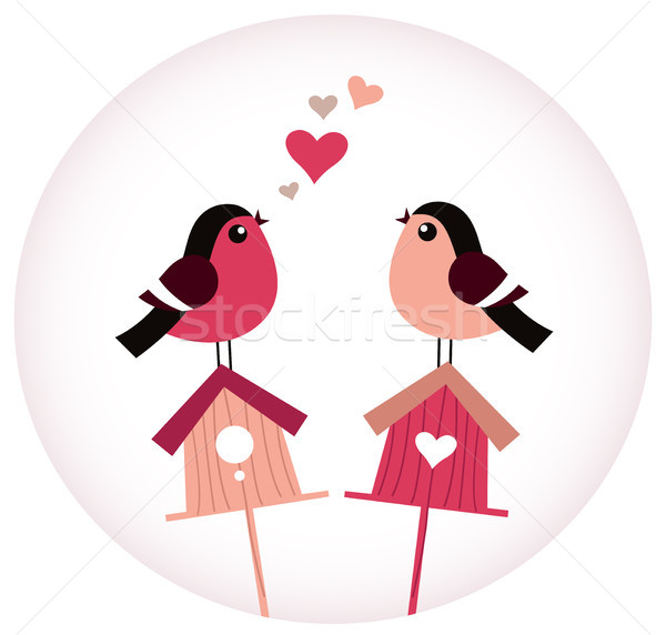 Cute Birds in love sitting on Birdhouses - retro vector Stock photo © lordalea