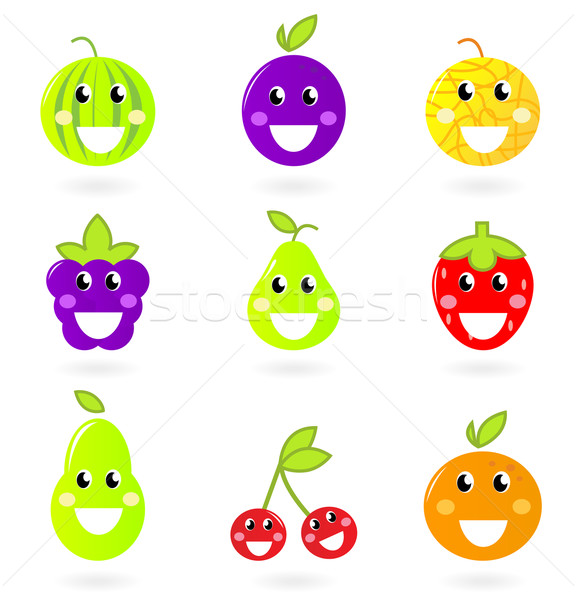Stock photo: Fruity icon collection - nine Fruit Mascots isolated on white
