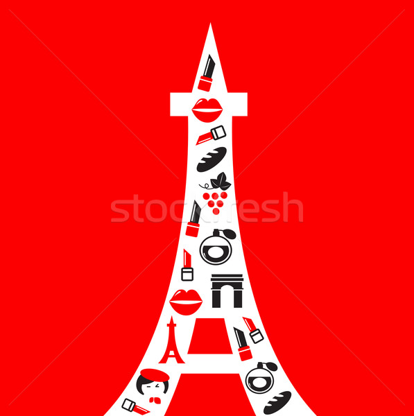 Retro Paris Tower silhouette with icons isolated on red Stock photo © lordalea