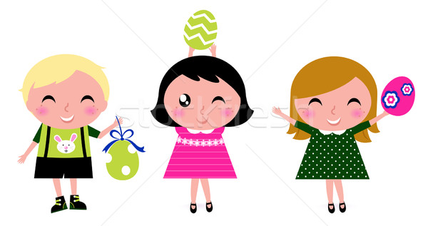 Stock photo: Cute retro easter kids with eggs isolated on white