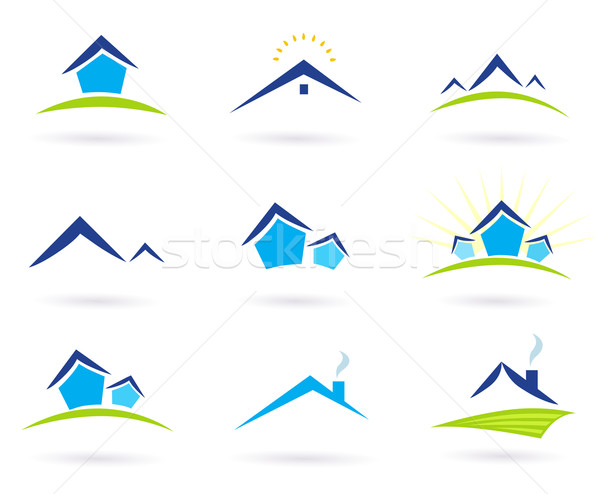 Сток-фото: недвижимости · домах · логотип · иконки · изолированный · белый