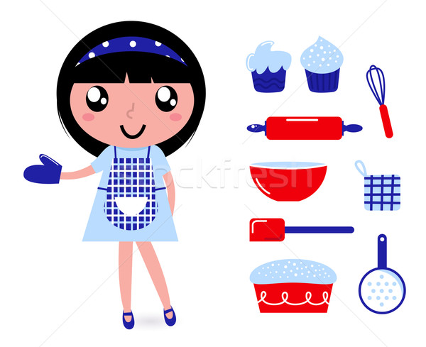 Stock fotó: Aranyos · főzés · lány · kellékek · izolált · fehér