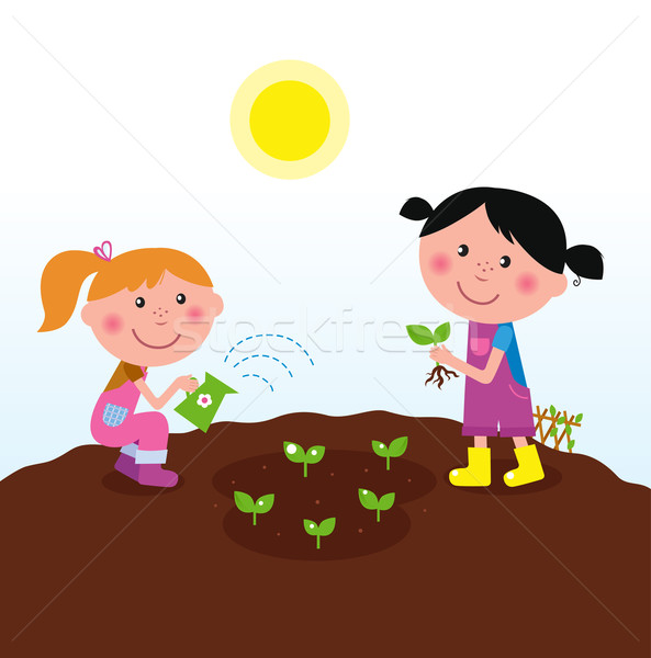 Stockfoto: Twee · gelukkig · kinderen · planten