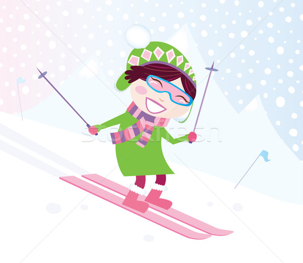 Skifahren Mädchen Hügel lächelnd Kind rosa Stock foto © lordalea