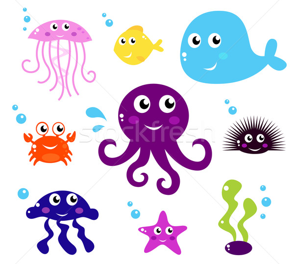 Stock photo: Cartoon Sea animals, fishes or Creatures icons isolated on white