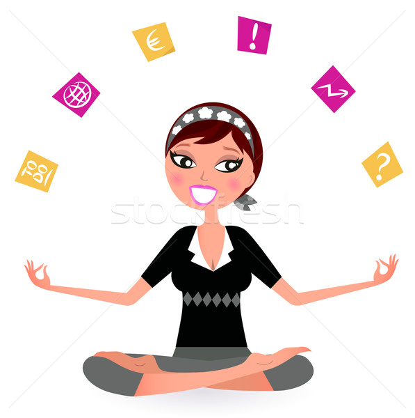 Stressed business Woman juggling with many Notes isolated on whi Stock photo © lordalea