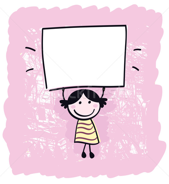 Cute doodle retro kid holding blank banner sign isolated on pink Stock photo © lordalea