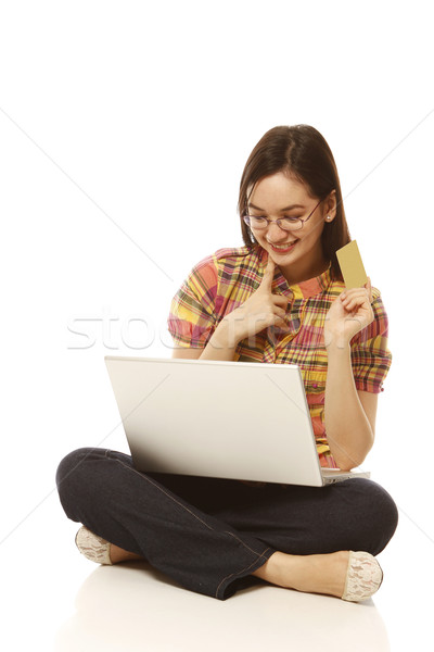 çevrimiçi müşteri genç kadın dizüstü bilgisayar kredi kartı beyaz Stok fotoğraf © lorenzodelacosta