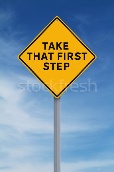 ストックフォト: 最初 · ステップ · 道路標識 · 青空 · 目標