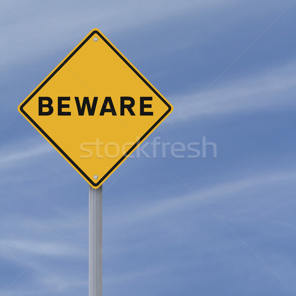 Vigyázat figyelmeztető jel kék ég felirat kék citromsárga Stock fotó © lorenzodelacosta