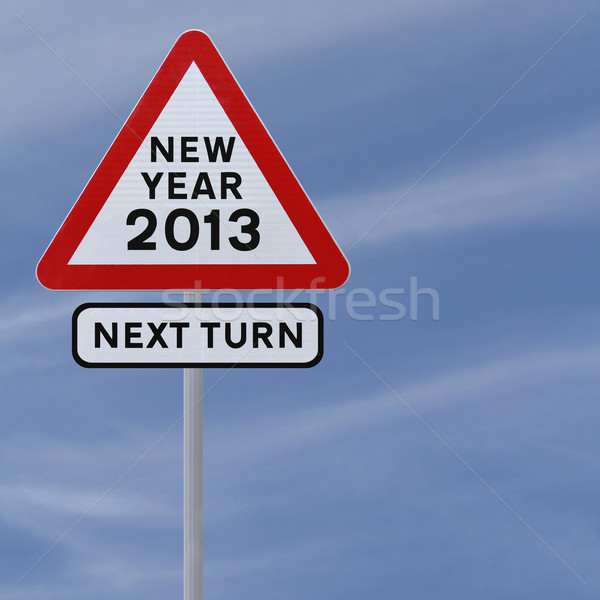 Nieuwjaar vooruit verkeersbord aankondigen 2013 blauwe hemel Stockfoto © lorenzodelacosta