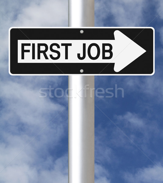 Primero Trabajo senalización de la carretera signo azul Foto stock © lorenzodelacosta